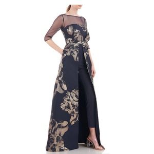 NWT Kay Unger Long 3/4 Sleeve Formal Jumpsuit SZ 4 NAVY with Gold